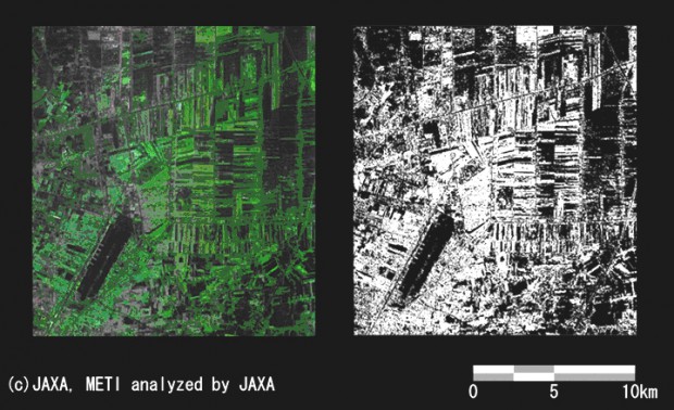Pi-SAR-L観測データと冠水域を抽出した画像
