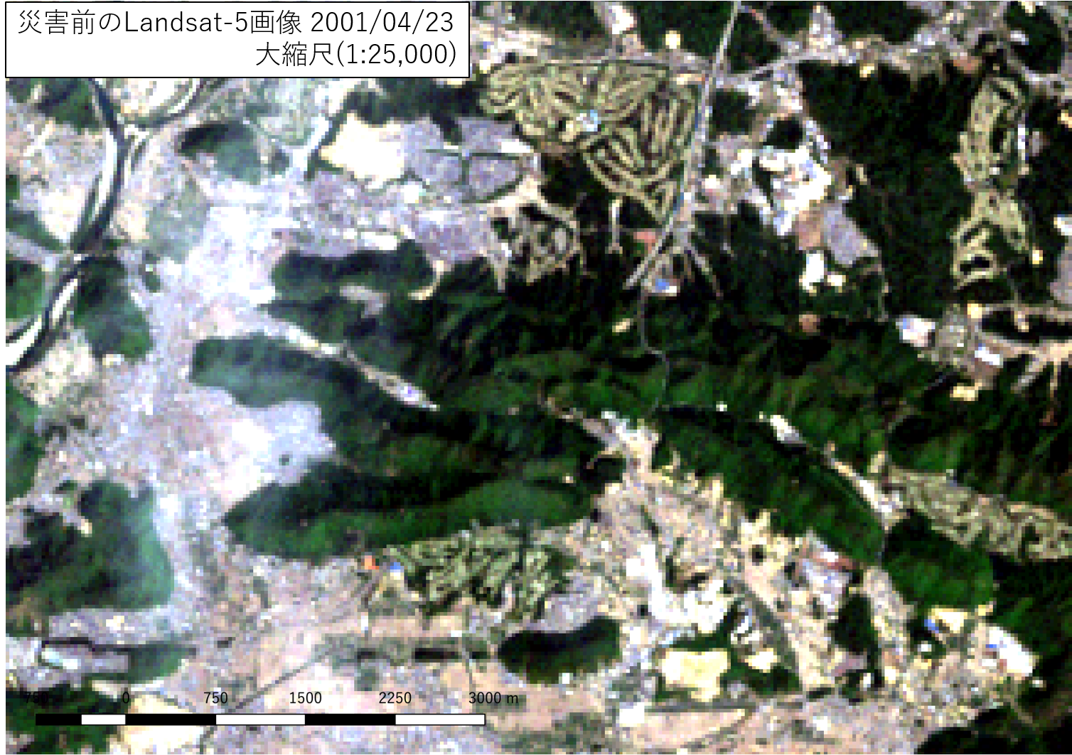 災害前のLandsat-5画像 2001/04/23 大縮尺(1:25,000)