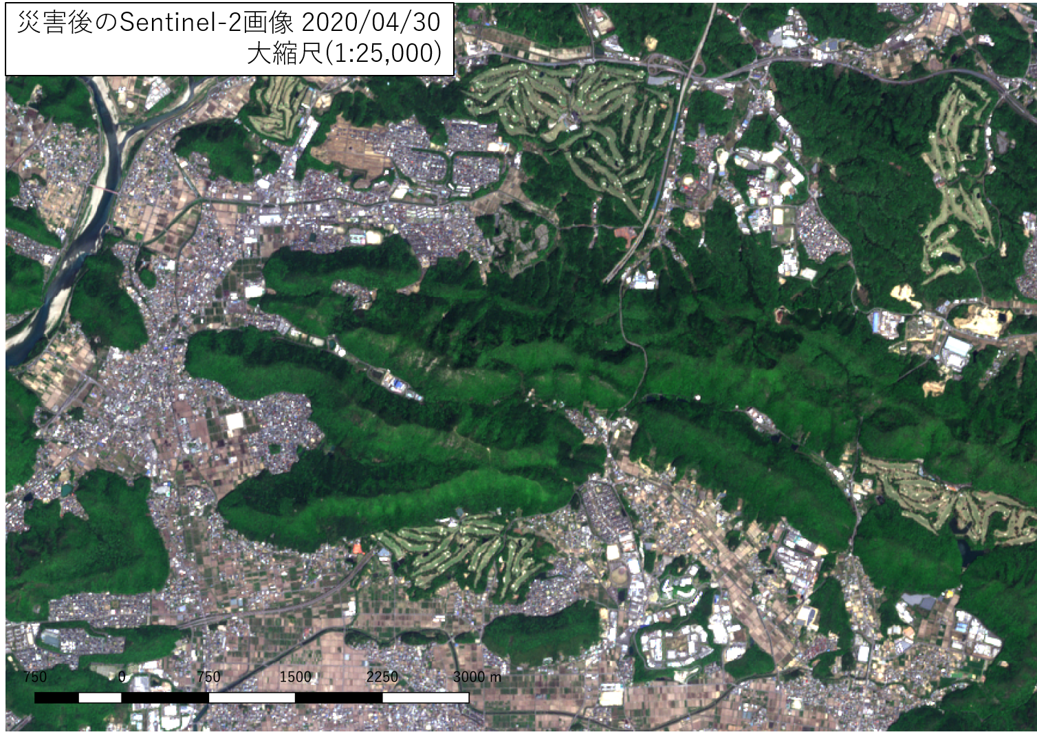 災害前のSentinel-2画像 2020/04/30 大縮尺(1:25,000)