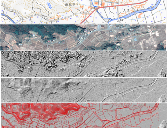 図２　地理院、衛星画像（30㎝解像度）、DSM（0.5m解像度）、DTM（0.5m解像度）、等高線（1m解像度）